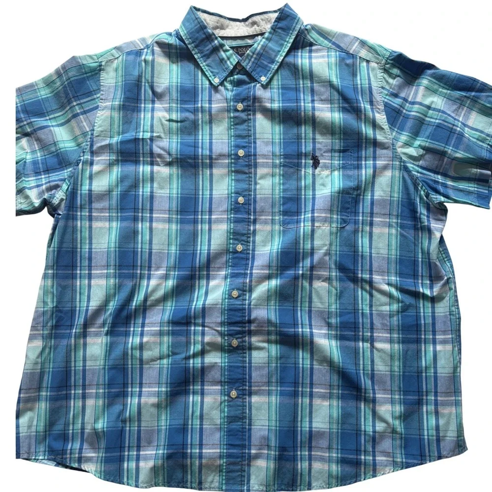 US Polo Assn Mens 2XL Blue Teal Plaid Short Sleeve Button Down Shirt Classic Fit